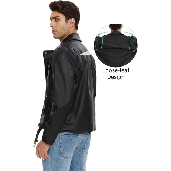 Men Black Faux Leather Biker Jacket Slim Fit Motorcycle Bomber Zip Up Coat - Picture 6 of 6